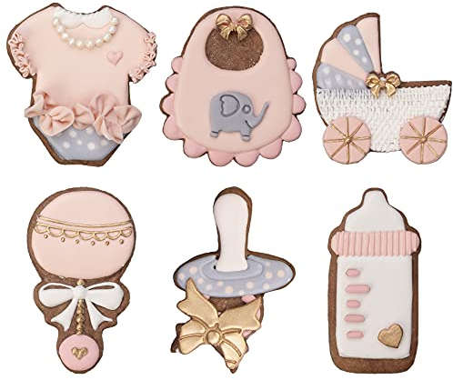 Baby Shower Cookie Cutter Set 6 Piece 3D Stampers Molds DIY Fondant Decorating for Kids' Birthday Party Kitchen Tools, Making Onesies Bib Baby Bottle Carriage Pacifier Baby Rattle