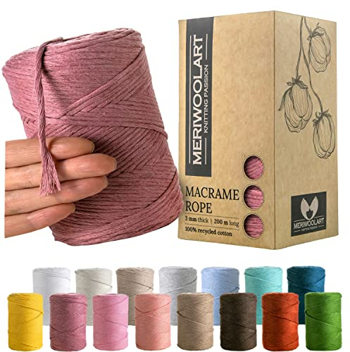 MeriWoolArt Corda Macramè Pflaume 3mm 200m - Fil di Cotone Colorato - Spago Macrame di Corda Singola - Filato Morbido Macramè Cotone Riciclato Oeko-Tex - Macramè Arredamento per Casa Boho
