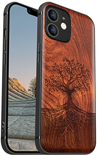 Carveit Holz Cover für iPhone 12 mini, Pflaumenfarbe-Baum mit Wurzeln