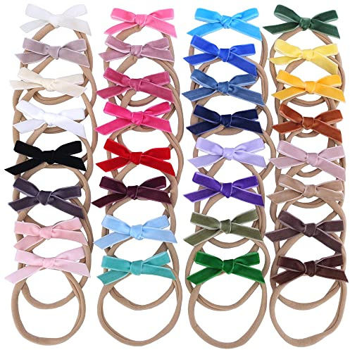 Sugarmelon Velvet Bow Soft Stretchy Headbands for Newborn Infant Toddlers Hair Bow Elastic Bands Baby Girls Nylon Hairband (2.75'' Mini 32 PCS)