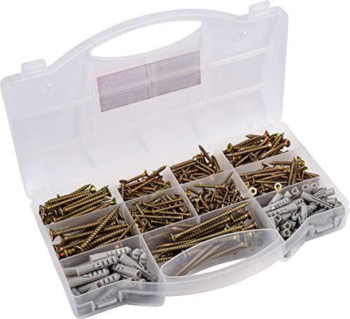 Connex Assortimento di viti e tasselli universali, 580 pezzi, a testa svasata, filettatura completa zincata, set di viti con tasselli, scatola di assortimento, DP8500133