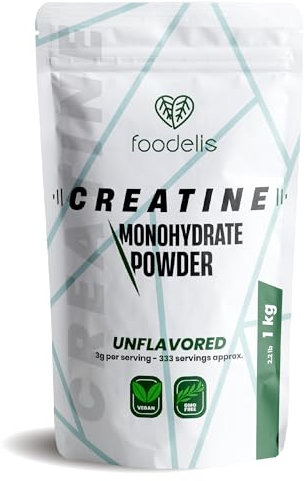 Foodelis Creatina Monoidrato Micronizzata in Polvere 1 kg – Senza Sapore – 100% Creatina Pura – Senza Additivi – Vegana – Alta Solubilità – Misurino Incluso