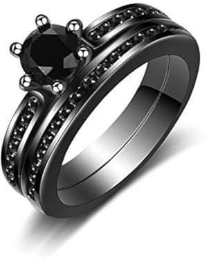 Uloveido Y1077 Ensemble de 2 bagues de fiançailles et alliances en oxyde de zirconium noir, R1/2 (59.5mm), Cristal