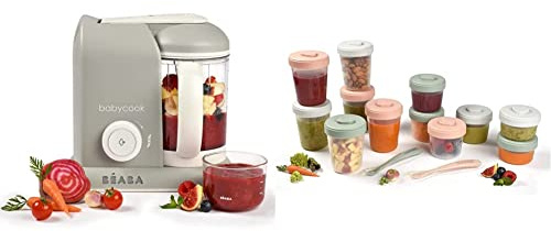 BÉABA Babycook Solo, Robot de cocina infantil 4 en 1, Tritura, Color Gris, 1 Unidad (Paquete de 1) & Lote de 12 Tarros de Conservación y 2 Cucharas de aprendizaje en Silicona, Verde (Eucalyptus)