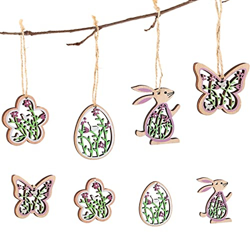 Osterdeko zum Aufhängen, 24 Stück Osteranhänger Holz, Frühlingsdeko Anhänger, Ostern Deko - Osterhase Ostereier Schmetterlinge Blumen