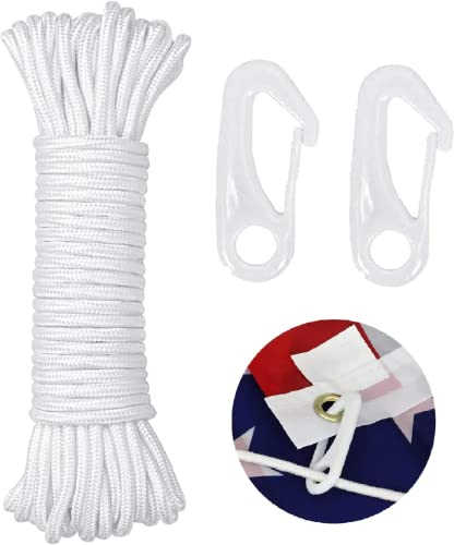 Fahnenseil Fahnenmast Seil,15M Fahnenseil Halyard Mit 2 Fahnenhaken,Wetterfest Reißfeste Kletterseil,Geflochtenes Nylonschnur,für Fahnenmast Segelboot Garten,Nylon Fahnenmastklammer Karabinerhaken