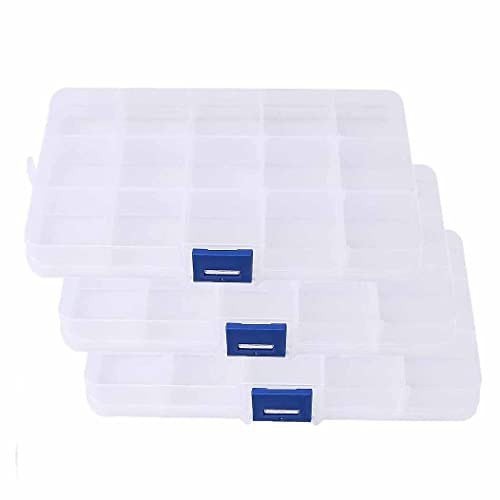 DDSHUN Schmuck-Organizer, Schmuck-Aufbewahrungsbox, Ohrring-Organizer mit 15 Fächern, verstellbare Bastelperlenbox, Aufbewahrungs-Organizer mit Deckel für Bürobedarf, Perlen, Angelhaken, 3 Stück