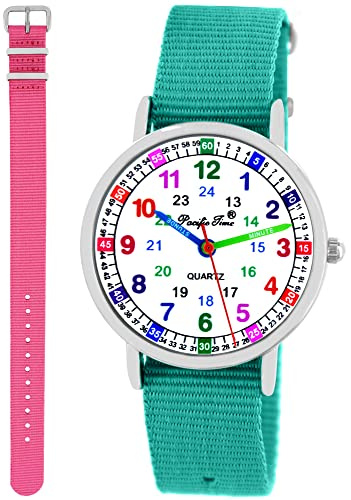 Pacific Time Kinderuhr Lernuhr Mädchen Einschulung Geschenk-Set | 2 Wechselarmbänder, 12/24-h-Lernzifferblatt und 5 ATM wasserdicht. Geschenk zur Einschulung, Geburtstag oder Weihnachten.