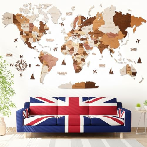 WOW WOOD® Premium Decorazione da parete Mappa del mondo in legno 3D in inglese con puntine | Montaggio a parete senza attrezzi | Idea regalo per ogni ricorrenza (Colore del legno, 85.00 x 160.00 cms)