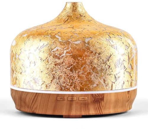 Porseme Aroma Diffuser 500ml, Handgeblasen Glas Luftbefeuchter Ultraschall | Aromatherapie Öle Diffusor mit 7 farbigem LED Licht,Diffusor für Ätherische Öle Letzte 15-21 Stunden, für Wohnung GoldPlated