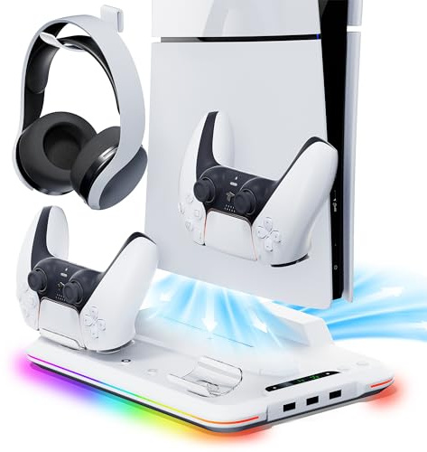 Mytrix Kühlstation für die Neue PS5 Slim-Konsole 2023 (Disc- und Digital-Editionen), PS5 Slim-Ständer mit 3-Gang-Lüfter, Ladestation mit Controller-Ladegerät, 14 RGB-Leuchten und 3 USB-Anschlüssen