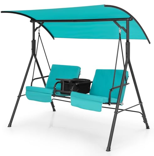 COSTWAY 2 Seater Swing Chair, Outdoor Hammock Bench Chair with Canopy, Soft Cushions, Center Tray & 23L Cooler Bag, Loveseat Patio Swing Seat for Poolside, Backyard (Turquoise)