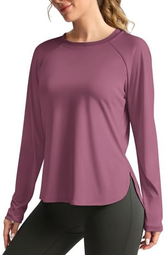 PINSPARK Sportskjorta dam UPF 50+ solskydd sport t-shirt funktionell skjorta långärmad löpartröja UV skjorta lätt långärmad tröja rund hals fitness yoga toppar rashguard, lila, M