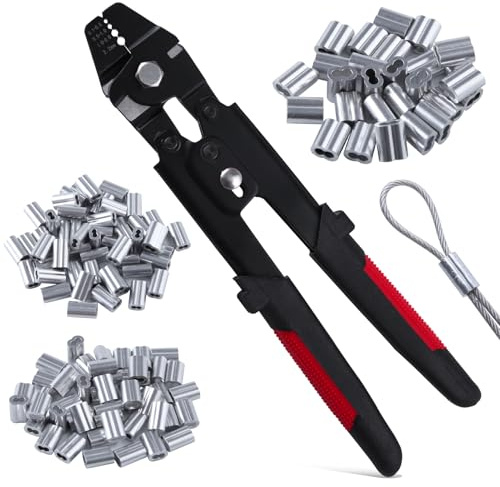 INJOYTEC 180pcs Wire Rope Crimping Tool Kit with Aluminum Crimping Loop Sleeves Up to 2.2mm Crimping Tool Fishing Crimping Pliers for Railings Dog Ropes Clotheslines Fishing Crimping Hanging