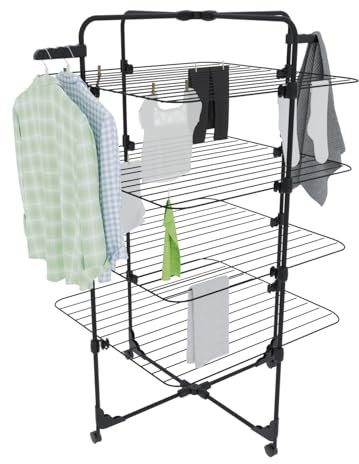 Stendibiancheria Da Pavimento Con Rotelle Stendino A Torre Verticale In Acciaio Con 4 Ripiani e 2 Appendi Grucce Pieghevole Salvaspazio Per Biancheria Lenzuola Panni 168.5 x 71 x 71 Cm (Nero Opaco)