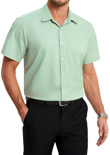 HISDERN Chemise Homme Manches Courtes Été Leger Chemises Habillée en Fibre de Bambou Homme sans Repassage Chemisette Boutonnée Décontractée Coupe Régulière avec Poche