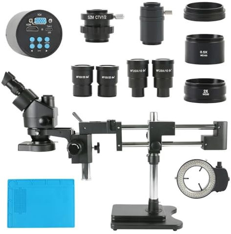 SBCGFY Mikroskop-Zubehör-Set 3,5 x – 90 x 180 x l Parfokales Doppelarm-Trinokular-Stereomikroskop HDMI VGA Typ C Set Mikroskopkamera Mikroskop-Objektträger
