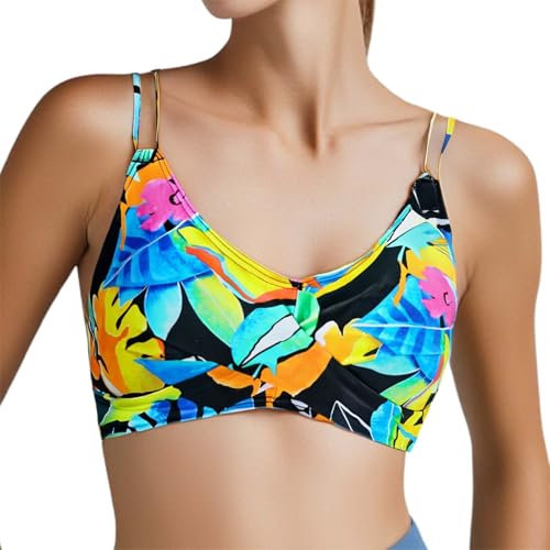 Bunt Spaghetti Bikini Damen Oberteil Große Brüste-String Bikini Top Push Up Falten Sommer-Sexy Bikinioberteile Blumenmuster Triangel Bikini Schwimm Verstellbar Crossover Top Swimsuit Bra