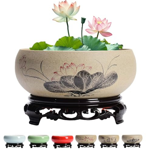 Shuoyy Planteur De Bol De Lotus pour Graines Fleurs,Lotus en CéRamique Pottes Plantes,Hydroponiques à L'IntéRieur avec Base en Plastique,jardinière de Bol de Lotus en céramique Chinois avec Support