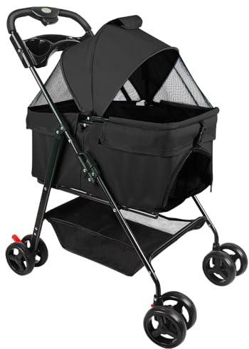 Poussette 3 en 1 pour chien jusqu'à 25kg, pliable, portable, panier volumineux pour chiens et chats de petite/moyenne taille, double roues à 360°,50 * 65 * 99cm - Noir