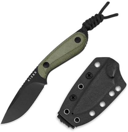 Kizer Buddy Fixed Blade Knife, 3 D2 Steel Camping Knife with Olive Green Micarta Handle, Compact EDC Fixed Blade Knives with Sheath for Hiking & Camping 1081M1