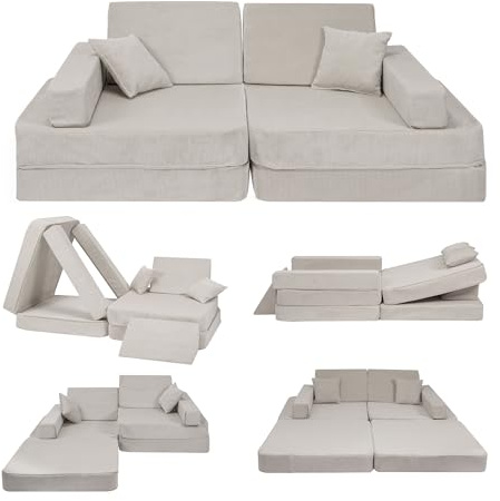 Angelove Sofá Infantil 2‑en‑1 - Sofá Cama con Funda de Pana, Desmontable, Gris