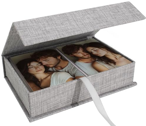 Hiwhy Fotos Caja de Almacenamiento 20x25 cm, Caja Organizadora en Lino, Recuerdos para Guardar Fotos, Imágenes, Certificados, Accesorios para Álbum de Recortes, Recuerdos y Joyas Gris