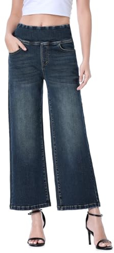 Chasehot Vaqueros Mujer Elásticos, Tiro Alto con Control de Vientre, Pantalones Anchos de Pierna Recta Crop Elegantes