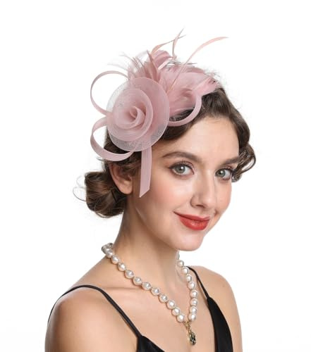 Fascinator-Hut, Federnetz, Schleier, Partyhut, Ascot Hut, Blumen-Derby-Hut mit Clip und Haarband für Damen, B9-Pink, M