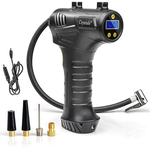 Crystals 12 Volts Cordless Electric Tyre Inflator Pump – USB Rechargeable Digital Air Compressor with LED Light | Up to 150 PSI | Portable Pressure Gun with 3 Nozzles for Car & Bike | Portable Pump