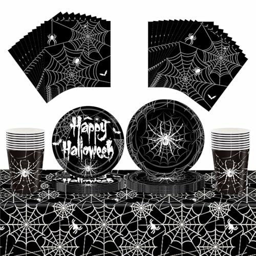 69 Pcs Halloween Party Tableware Set, Complete Halloween Decorations Kit with 1 Plastic Tablecloth, 16 Cups, 20 Napkins, 16x 7&9 Inch Plates for Scary Themed Parties, Spider Disposable Tableware Set