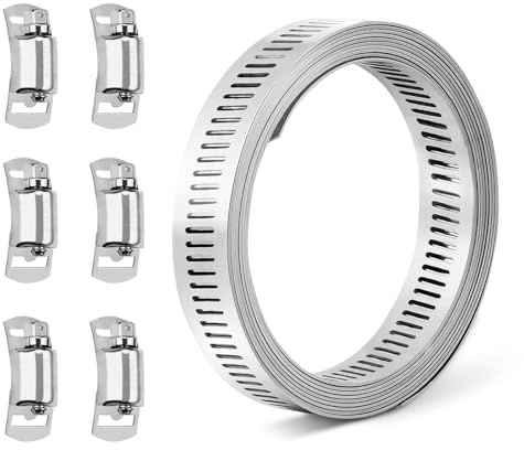 Yitexin Abrazaderas metalicas de acero inoxidable 304 ajustables, correas bridas metalicas de bricolaje de 8.2 pies con 6 sujetadores, abrazaderas de tornillo de tubo para tubo (Plata)