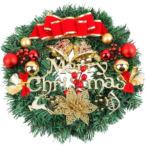 LATERN 30CM Corona Navideña, Guirnalda Navideña Artificial para Puerta Corona Navideña de Pino con Lazo Campana Ciervo Frutos Rojos Flor para Puerta Pared Chimenea Ventana Navidad Árbol Decoración