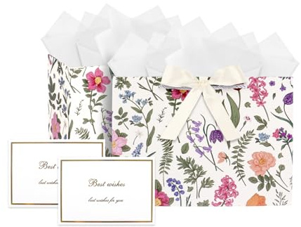 Dmnnlp 2 Pcs 10 Medium Small Gift Bags, Flower Gift Bags with Tissue Paper and Cards, for Birthday Wedding Boutique Bridal Party Celebration