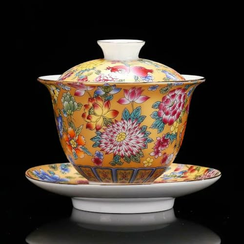 MEIFULLE Service à thé en Porcelaine Blanche Sancai Gaiwan émaillé, avec Couvercle, Soucoupe et soupière Vintage Faite à la Main, 200 ML