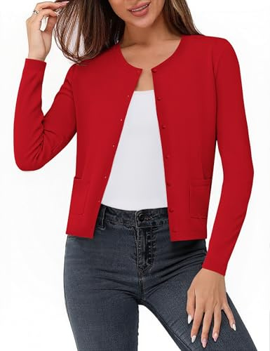 Aottori Cardigan Donna Maniche Lunghe con Bottoni Corto Maglione Giacca Girocollo Elegante Aperto Davanti Maglioncino in Maglia Caldo Maglia Leggero Casual Autunno Rosso S