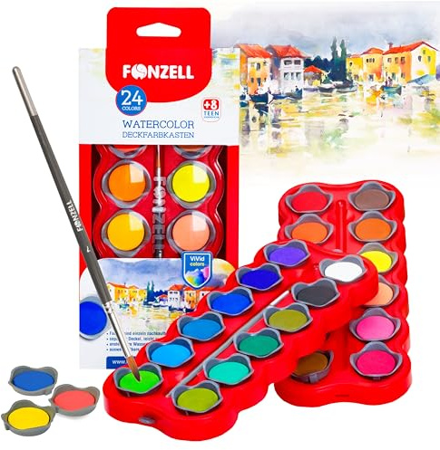 Fonzell Wasserfarben Set 24 Farben – Deckfarbkasten Kinder mit Pinsel, nachfüllbar & lichtbeständig – Schulmalkasten & Aquarellfarben Set für Kinder & Hobby