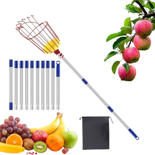 Recogedor de Frutas con Cesta y Pértiga Telescópica Portátil | Recogedor de Frutas para Árboles de 3.96 Metros Pértiga De Recogida Para Huerto Jardín: Aguacate, Limón, Naranja Y