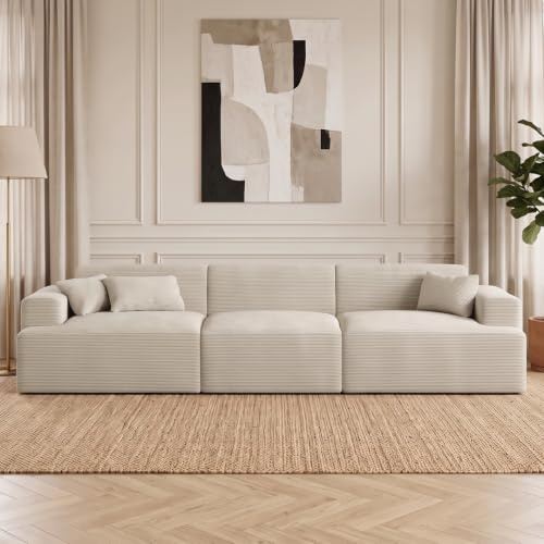 skølm Freki Cloud Couch aus Cord, 3-Sitzer, Beige, 3 Kissen, Vollschaumsofa | Sofagarnitur, Vollschaumcouch mit Federkern & Vakuum-Kompression, 320 cm breit, kein Aufbau erforderlich, Wohnzimmersofa