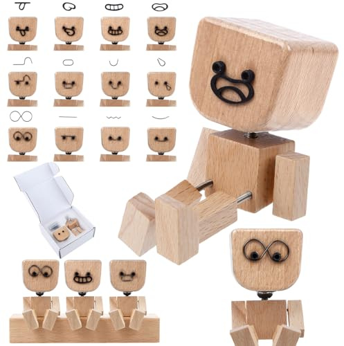 Shaking Wooden Man Figurine- Handmade Wooden Figure With Shaky Legs 12 Magnetic Expressions, Creative Figurines Ornaments Car Accessories for Men, Dashboard Accessories Car Decor Desk Home Decoration