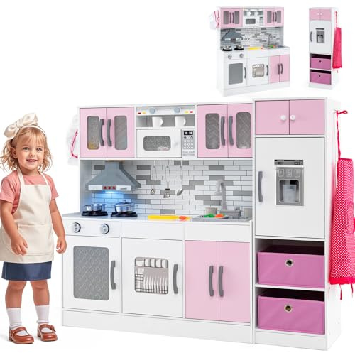 HOMASIS Kinderküche mit Kühlschrank & 2 Stoffkörben, Spielküche mit Licht & Sound, Spielzeugküche inkl. 22 Zubehör, Holzküche mit Spüle Herd Ofen Eismaschine Mikrowelle, für Kinder ab 3 Jahren (Rosa)