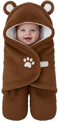 Lilian&Gema Swaddles Pucksack Baby 0-6 Monate, Ultra Soft Plüsch Essentiell Baby Schlafsack für Jungen und Mädchen, Niedlicher Bär Swaddle Braun, Babys Pucksack Geburt