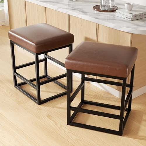 YUUIJOAA Barhocker 2er Set,61 cm Küchen Hocker Schminktisch Stuhl mit Fußstütze & Weichem PU-Lederbezug, Robuster Thekenhocker aus Metall für Küche, Bar & Wohnbereich (Dunkelbraun, 2er)