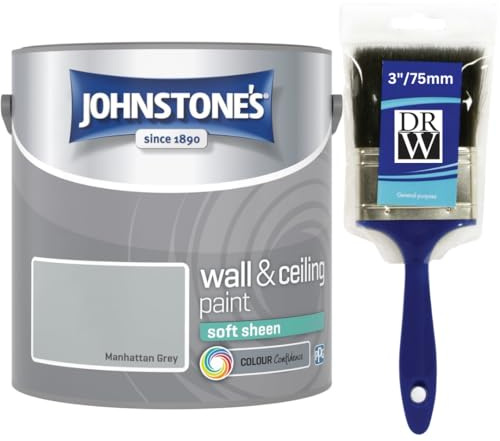 Manhattan Grey Johnstone’s Wall & Ceiling Soft Sheen Paint 2.5L + 3 Brush – Subtle Sheen Finish, Durable & Washable, Quick Dry, Low Odour Interior Paint for Walls & Ceilings