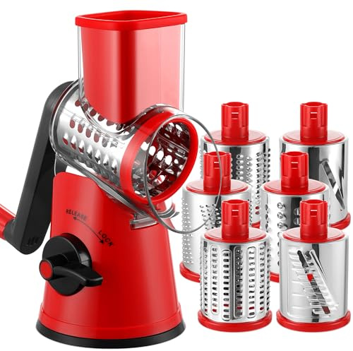 GDL Käsereibe mit Kurbel, Reibe mit 6 Klingen, Trommelreibe Gemüseschneider | Käse und Gemüsereibe, Schnelles Schneiden, Einfache Reinigung, Starker Saugfuß, Vielseitigkeit, NO BPA, Ergonomischer Griff