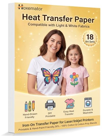 Bügelfolie zum Bedrucken für Helle Textilien [18 Blatt] Transferpapier zum Aufbügeln, Waschfeste T-Shirt Transferfolie für Inkjet- & Laserdrucker, DIY Textiltransferpapier für Baumwolle,Taschen,Kissen
