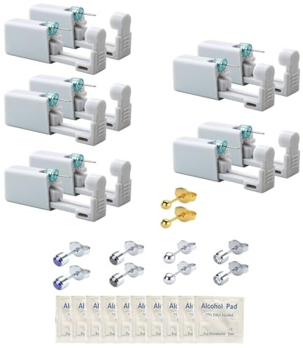 Cryluxial Komplett öronpiercingkit pistolpiercing öron med 10 st örhängen i rostfritt stål 4 mm zirkon kub och 10 alkoholiserade kuddar säker öronpiercing för salong och hem