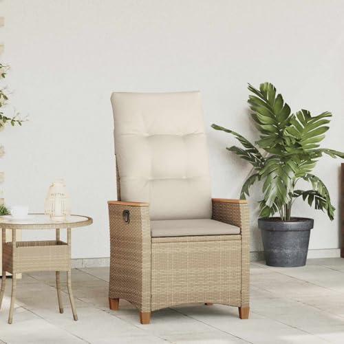 LoogCape Justerbar trädgårdsstol med poly rotting och akaciaträ armstöd, 64 x 57,5 x 112 cm, beige creme, med stoppningskudde, väderbeständig, perfekt som balkongstol, terrassstol, relaxstol