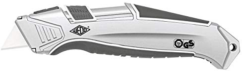 Wedo 079825 - Cutter di sicurezza CERA-Safeline in alluminio, lame in ceramica, retrazione automatica della lama, impugnatura in gomma, caricatore integrato, colore argento/antracite/bianco