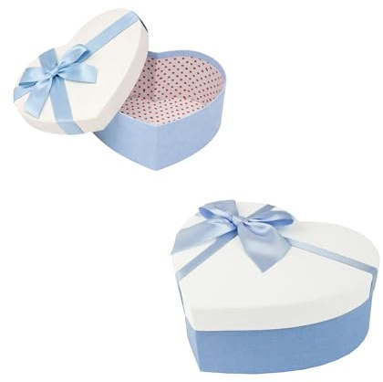 Emartbuy Starre Geschenkbox, 19 x 17 x 7,5 cm, Weiße Box mit Blauem Deckel und Schleife | Luxuriöse Geschenkbox aus Karton mit Band, Premium-Verpackung für Valentinstag, Geburtstage, Hochzeiten und besondere Anlässe